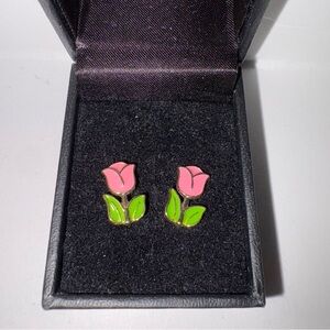 Vintage Eclectic Style Gold Tone Green and Pink Enamel Tulip Stud Earrings 1/2"
